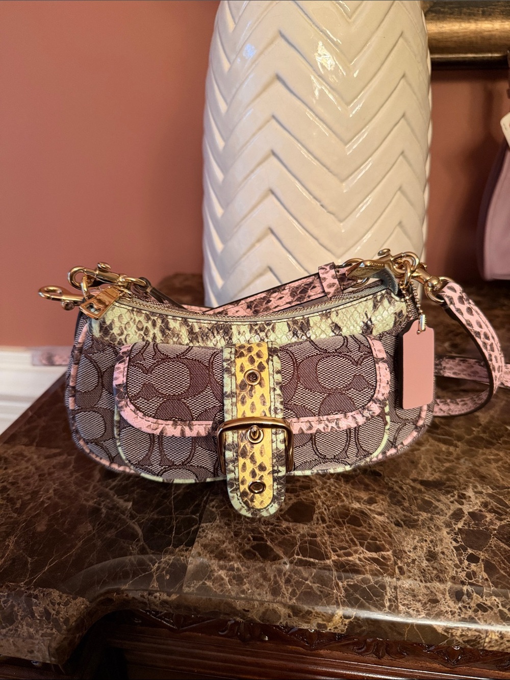 Coach NWT Ashton Mini Crescent Shoulder Bag in Pink, Cream & Yellow Snake-Print - Picture 3 of 16